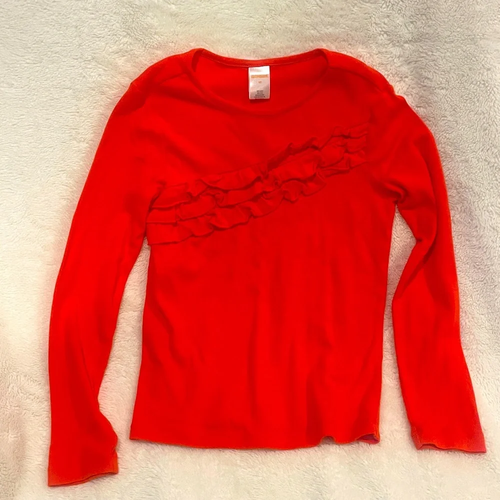Gymboree Outfit. Long sleeve tee w/ tiered ruffle skirt. Orange + navy Sz 10 EUC